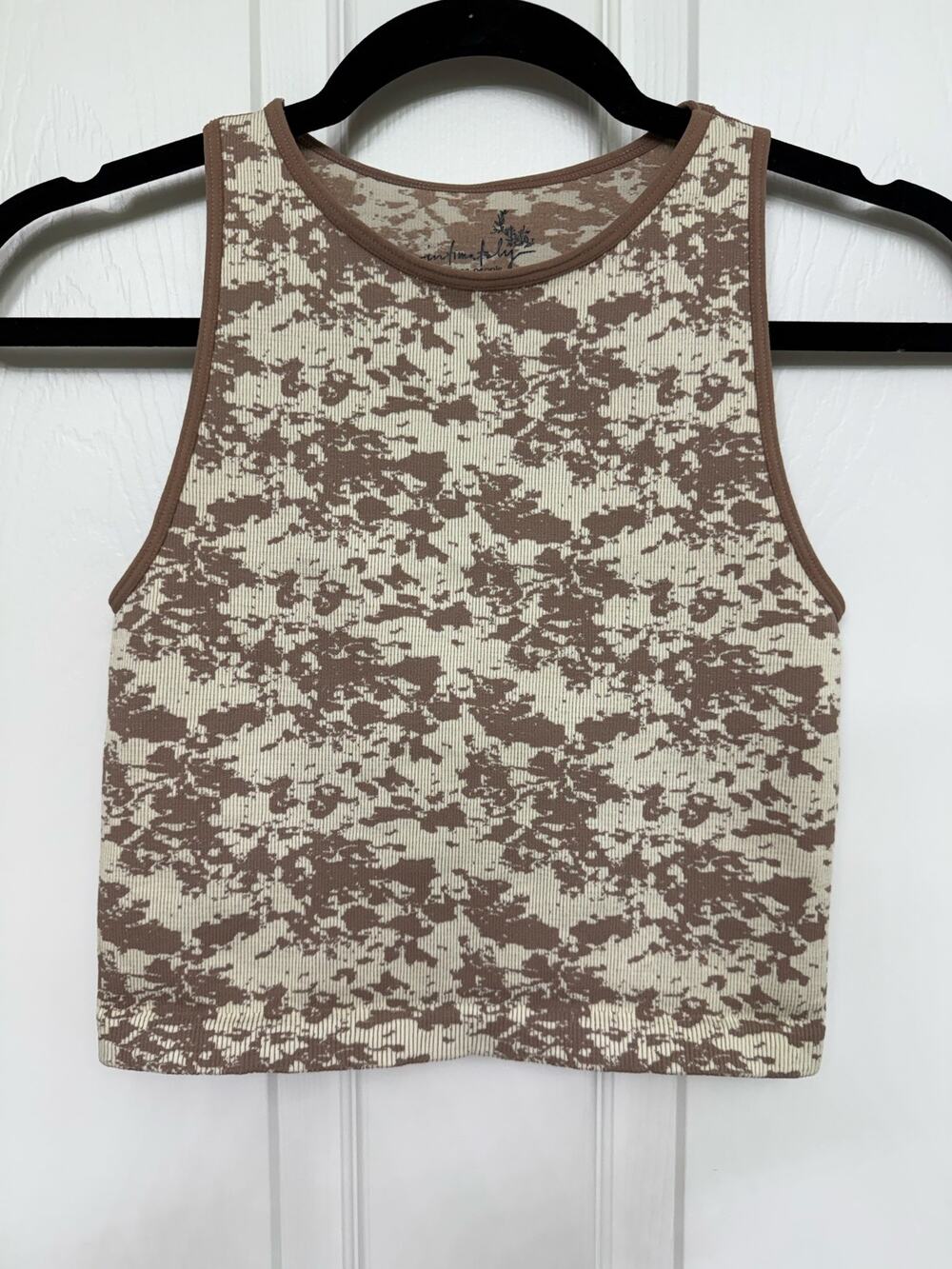 Free People Intimately Camo brown cream Ribbed High Neck Cropped Tank M/L NWOT